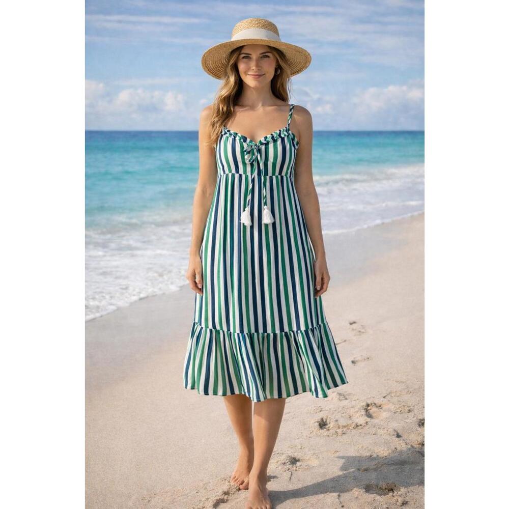 J.Crew Green Blue White Ruffle Striped Summer Sundress Tie Front Size XS